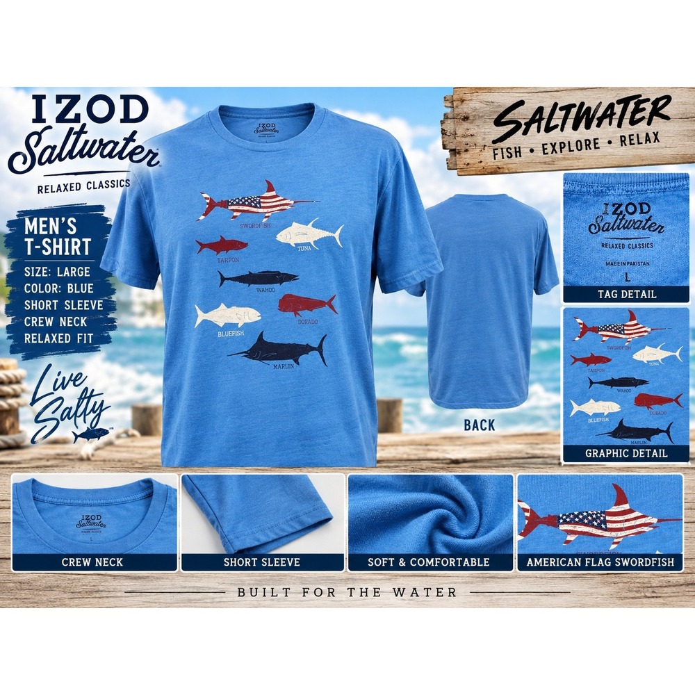 IZOD Saltwater Men T-Shirt Blue Large Relaxed Classics Fish Graphic Flag